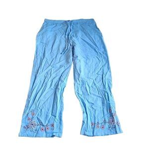 SAG HARBOR womens Sz 16 blue linen blend floral embroidered pants